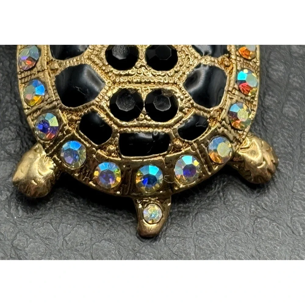 Rhinestone Turtle Pendant Brooch Black AB Aurora Borealis Crystal Gold Tone